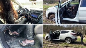 Car stuck girl, CSG, high heels in mud, car revving, wheels spinning, muddy girl, car stuck in mud