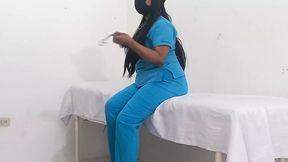My nurse massages her pussy and moans with pleasure in her office