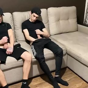 Straight jerk off with twink gay friend in sportswear (blowjob and cum in mouth)