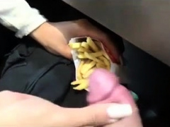 Kinky ho makes BF cum into her fries right at the restaurant