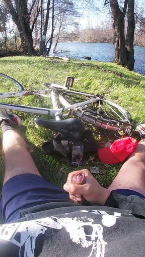 Outdoor Solo in the forest - man enjoys himself while cycling