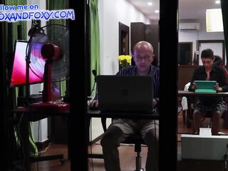 Fake office: That babe knows how to motivate! Coworker sucks and get cum throat by the window