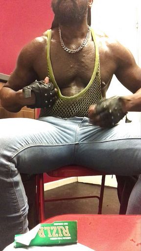 Black muscle smoke and jerkoff