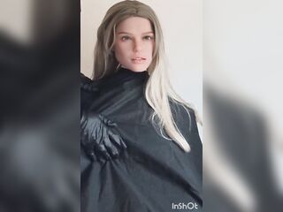 Breasty zelex doll Jennifer ebony hairdressing cape fetish bare modeling ladyboy barberette
