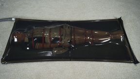 Bondage with red straps maid in black transparent bed with vibro