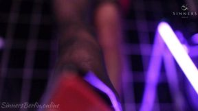 Hot sandy-haired German MATURE pees on nylon heels and licks it up
