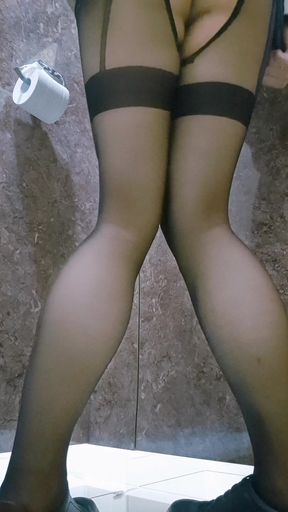 Secret remote control play on the subway in Seoul ended up with a massive cumshot at the public toilet and swallowing it.