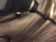 Playing with Vibrator in Shiny Down Jacket Gas Mask and Shiny Leggings