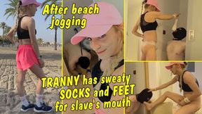 After jogging tranny girl has sweaty socks and feet for the slaves mouth!