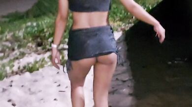 Little Typhany lifts her mini skirt to flash her dripping pussy in public without panties while bending over to tease her fat ass