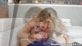 Blonde MILF Casca Akashova delivers messy blowjob during film night