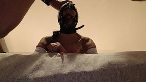 Bound and hooded in a bed I have my mouth fucked. Ring gag, lot of spit and huge oral creampie