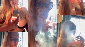 Chesterfield Long white - Filling the lungs when waking up - Deep Inhales - Mouth Inhales - Mouth exhales - No makeup - Long hair - Long red nails - Natural light