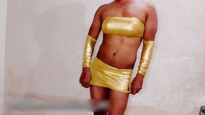 femboy nasty and sexy fuck in golden lingerie while in chastity cage
