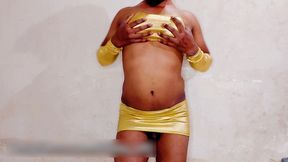 femboy nasty and sexy fuck in golden lingerie while in chastity cage