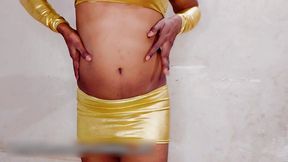 femboy nasty and sexy fuck in golden lingerie while in chastity cage