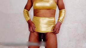 femboy nasty and sexy fuck in golden lingerie while in chastity cage