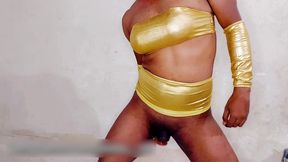femboy nasty and sexy fuck in golden lingerie while in chastity cage