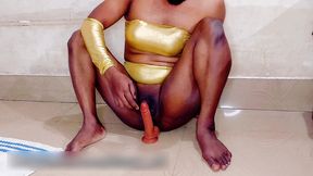 femboy nasty and sexy fuck in golden lingerie while in chastity cage