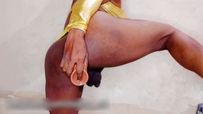femboy nasty and sexy fuck in golden lingerie while in chastity cage