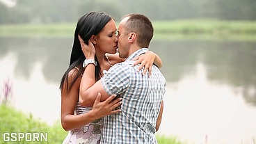 Near the river a romantic brunette girlfriend is fucked by sensual cock