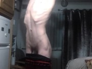 Skinny British chav sneaks into the kitchen to stretch and finger himself while step dad is upstairs