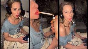 Chain smoking gaming girl get fed by her boyfriend