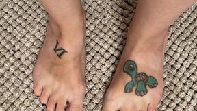 Barefoot Rinse After Play — I wash lube off my tiny tattooed feet, scrub between toes, show off my soft soles & black polish under a steamy shower stream.