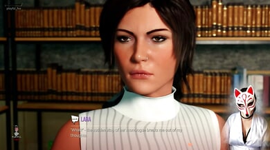 Stylized librarian in white turtleneck teased by fox-masked observer in digital art series