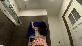 Braless Babe teases pink mini skirt flashing thighs and bare ass no bra no panties