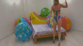 Alla is evil and destroys five rare beach balls and an air mattress with her heels and nails, fucking them hotly!!!