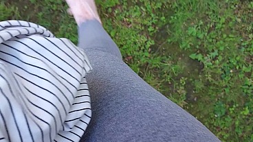Hot pee wet yoga pants in public garden