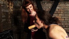 Lesbian slave Mila is made to deep throat dildo in a sadistic mistress