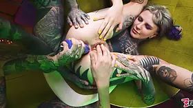 Goth girl gets her asshole filled with cum, compliments of tattooed sluts