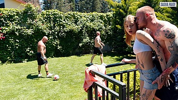 Sasha Paige's First Double Pussy Penetration! Stretched and Fucked by Huge Cocks in Hardcore Orgy with Three Men!