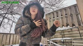 Asian Jasmine Jade enjoying a smoke outdoors when it's snowing - vol 109 NN smoking mp4