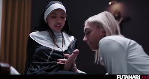 Frustrated nuns unleash unholy fuck with huge futanari dick deep throated