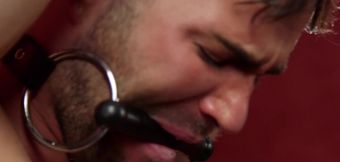 Gagged male lead to the edge during merciless bondage wanking