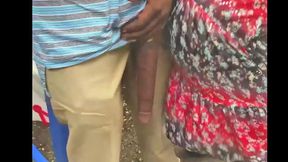Big black cock flash on public bus stop