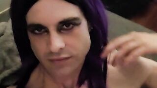 Transgirl drains off in pinkish velvet microskirt