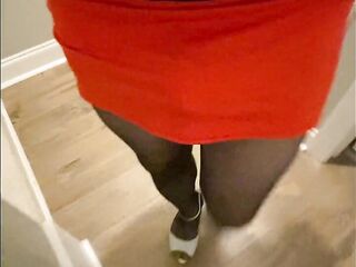 Mama Crossdresser Madison dressing in hawt outfits with haunch high pantyhose nylons and heels and walks around showing off teasing