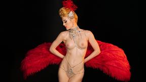 ”Skinny busty blonde MOMMY Miranda shining in slutty burlesque costume”