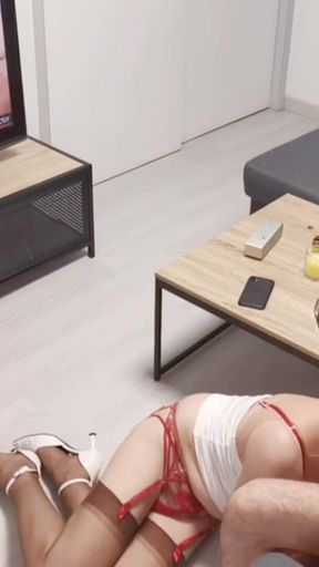 Captivating moment from "Clara sucks Mister A while he watches one of their own videos"