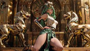 Green-haired Egyptian Queen! Kneeling in the Golden Hall, Guarded by Sphinxes.