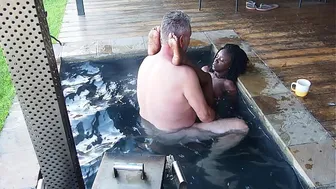 Steam, Sun & Serenity Ebony Secretary fucks her boss in the hottub