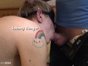 Blindfolded sex freak pummled in threesome