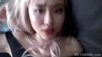Beautiful Asian 18yo teen fucks in a pink wig and in a leotard and gets a big facial