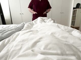 Sexy nurse jerks off massive dong with rubber gloves