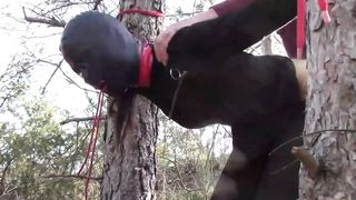 Bound up to a tree public on Goddess clothes wearing stockings and