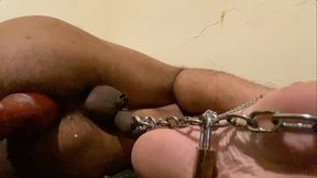 8mm Pierced Cock Chained with a Lock on my Big Toe While I try to Stretch my Asshole and Show my Soles